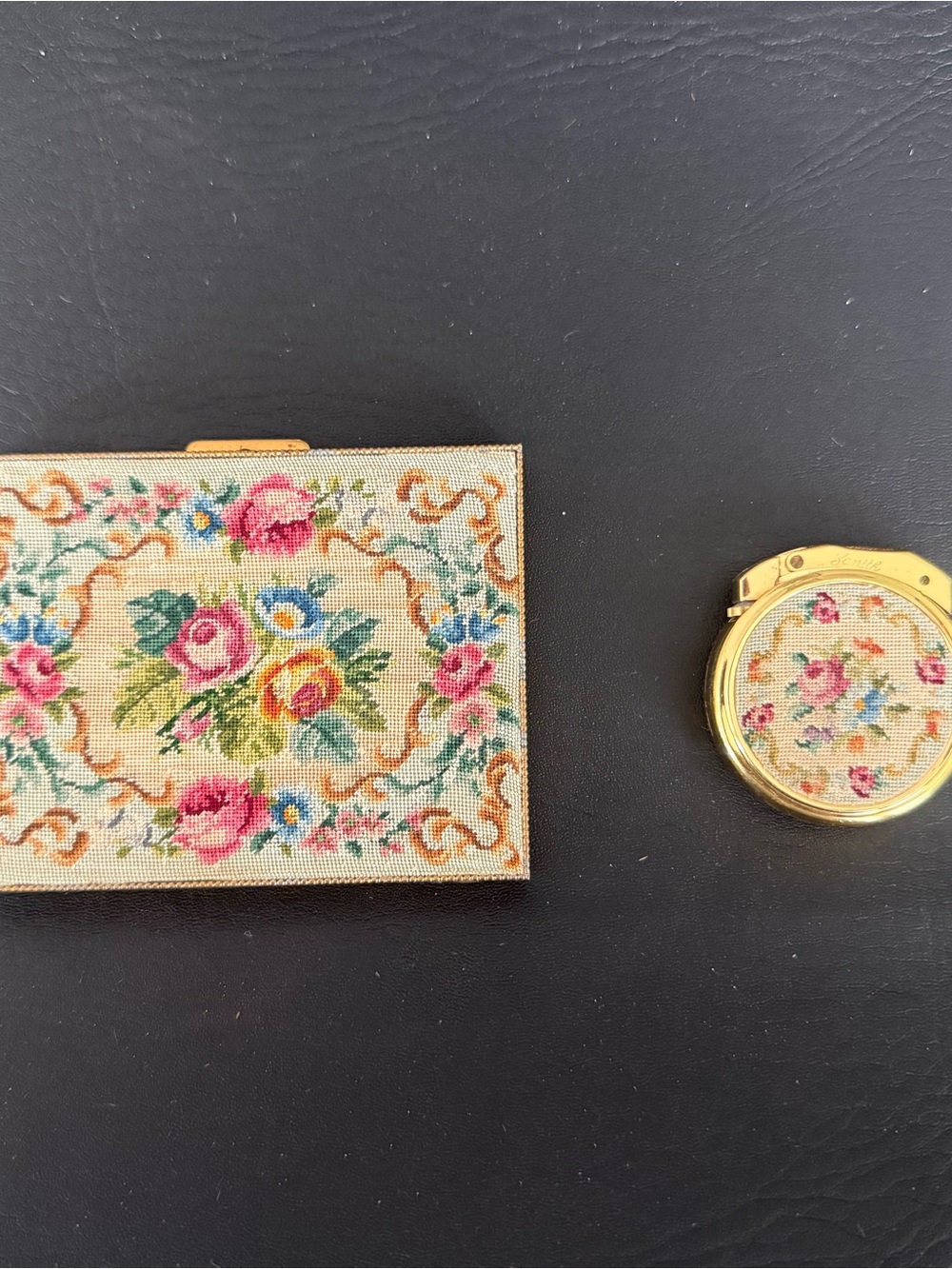 Vintage Zenith Petit Point Embroidery Lighter & Cigarette Case Brass Framed 50s
